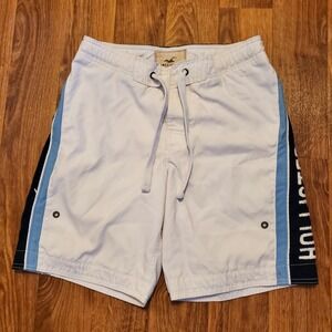 Vintage Hollister Board Shorts Men 30 White Blue Swim Trunks Mesh Lined Y2K